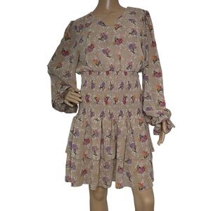 She + Sky Floral Tan Dress with Long Sleeves NWT Large